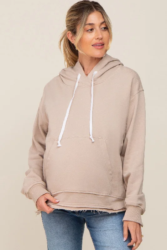 Special Discount Beige Raw Edge Trim Maternity Drawstring Hoodie