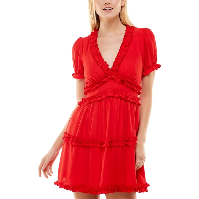 Shop and Save Juniors Womens V-Neck Ruffled Fit & Flare Dress