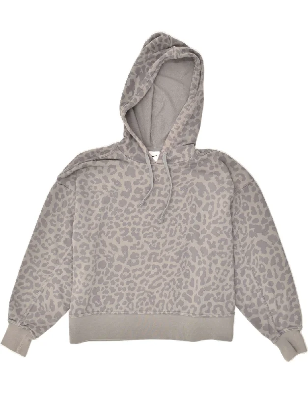 Final Sale NIKE Womens Oversized Crop Hoodie Jumper UK 14 Medium Grey Animal Print