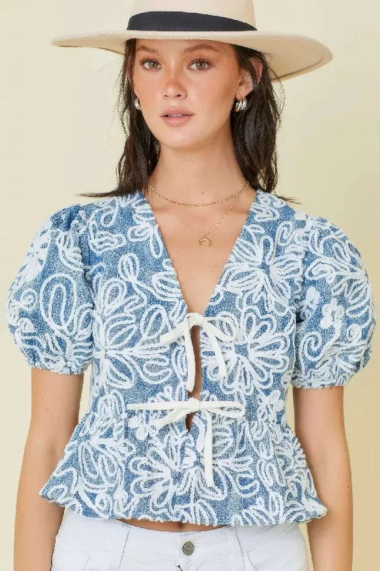 Massive Deals Denim Embroidered Crop Top With Front Tie Detail