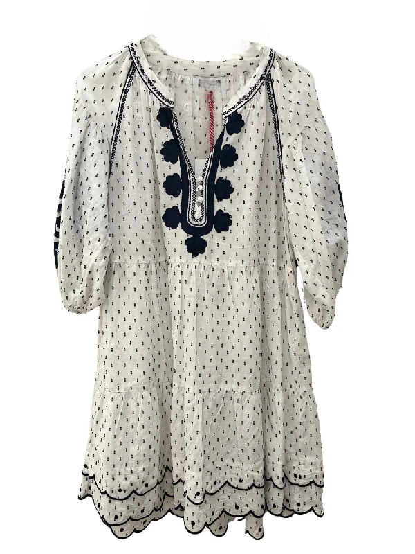 Doorbuster Deal Balloon Sleeve Mini Dress In White/navy Dobby