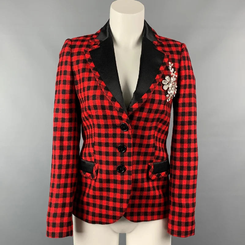 Take Advantage LOVE MOSCHINO Size 4 Red & Black Gingham Wool Rhinestone Jacket