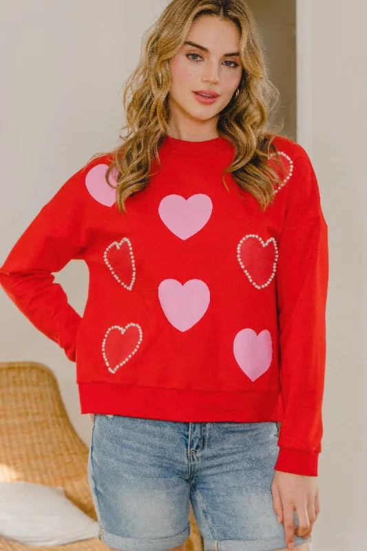 Warehouse Sale Heart Pattern With Pearl Embellished Sweatshirts