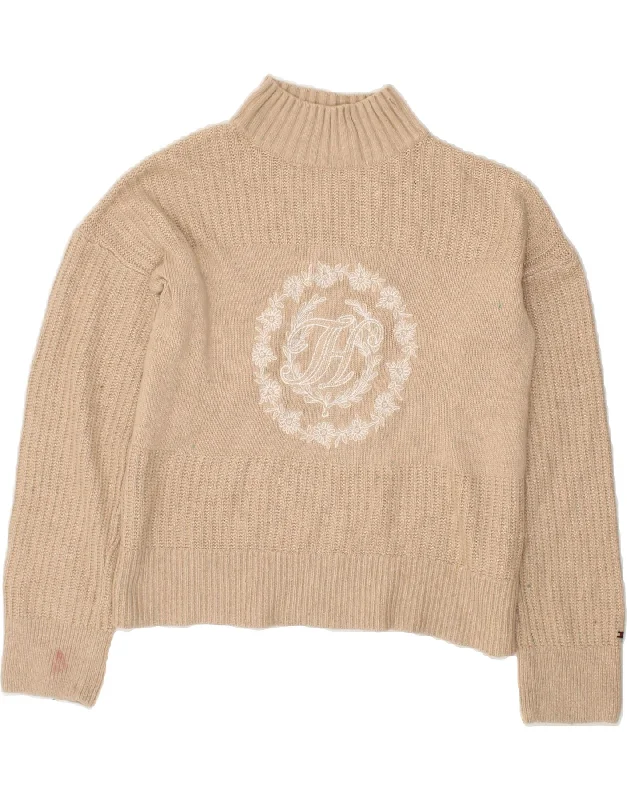 Midnight Madness TOMMY HILFIGER Womens Graphic Turtle Neck Jumper Sweater UK 10 Small Beige