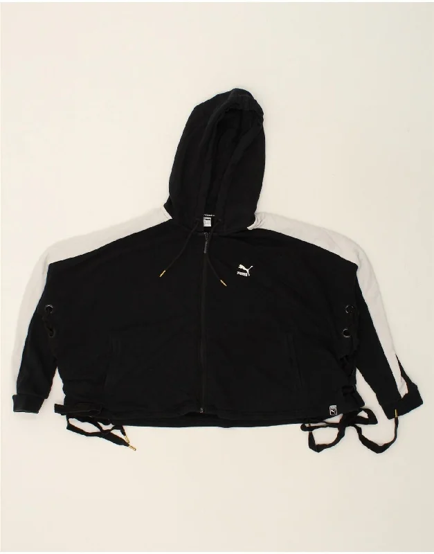 New Arrival PUMA Womens Crop Zip Hoodie Sweater UK 12 Medium  Black Colourblock Cotton
