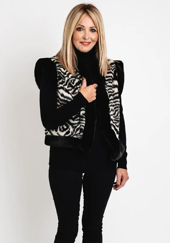 Limited Stock Camelot Faux Fur Zebra Print Waistcoat Jacket, Black
