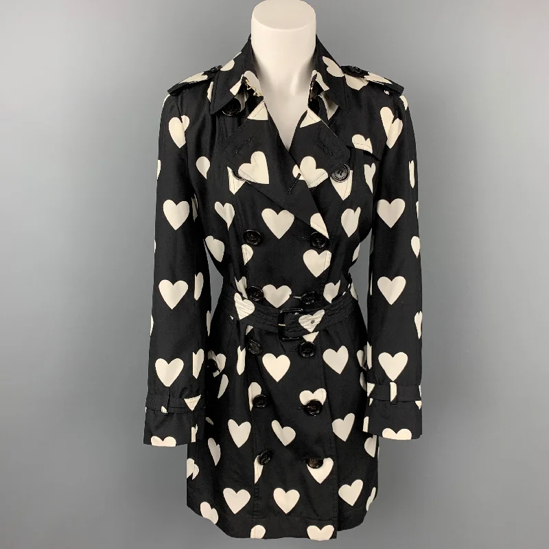 Don't Wait BURBERRY Circa 2017 Size 10 Black & White Heart Print Silk / Wool Trench Coat