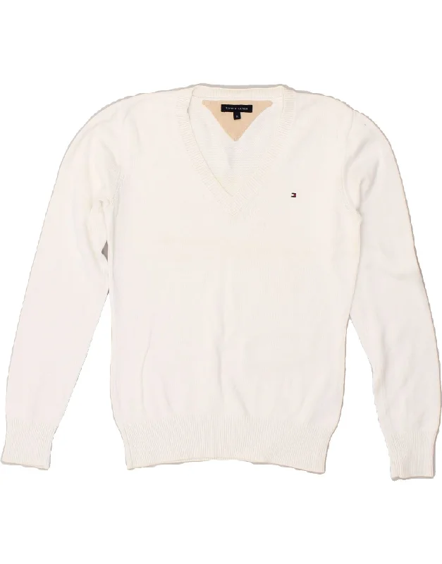Stock Up and Save TOMMY HILFIGER Womens V-Neck Jumper Sweater UK 12 Medium White Cotton