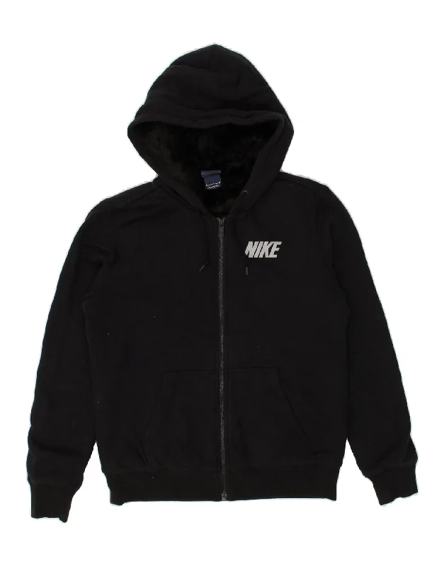 Warehouse Sale NIKE Womens Graphic Zip Hoodie Sweater UK 14 Medium Black Cotton