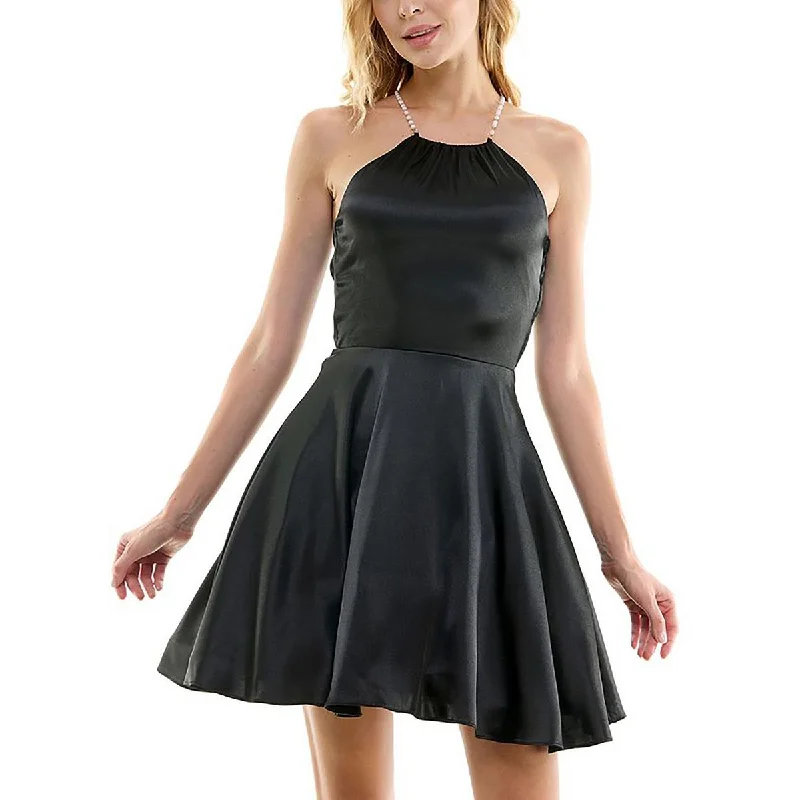 Limited Time Juniors Womens Satin Faux Pearls Fit & Flare Dress
