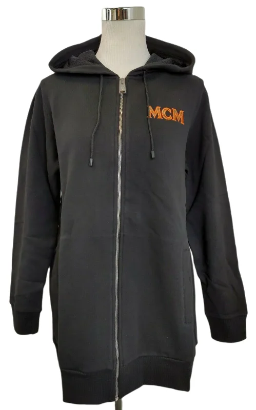 Take Advantage MCM Women's Black Cotton Embroidered Fringe Logo Zip Up Jacket