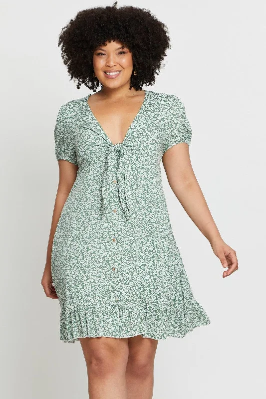 Limited Availability Floral Print Skater Dress V-neck Short Sleeve Tie Front