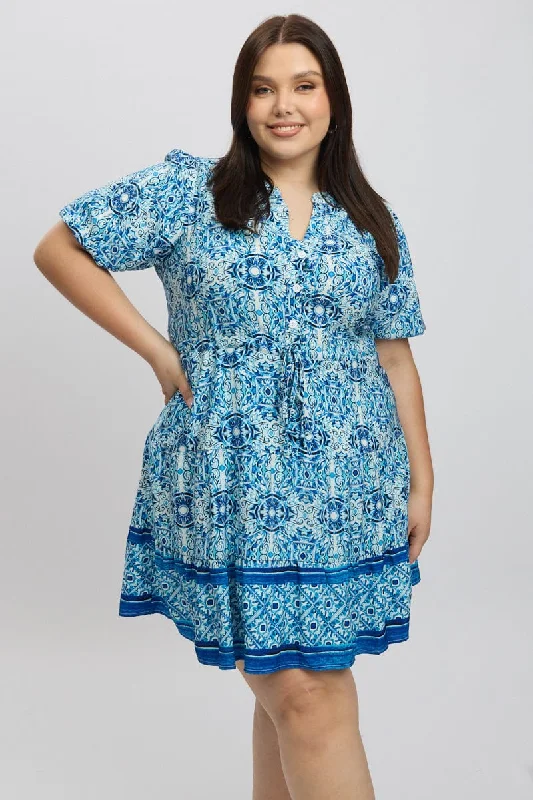 Customer Appreciation Sale Blue Boho Button Through Border Print Shirtdress