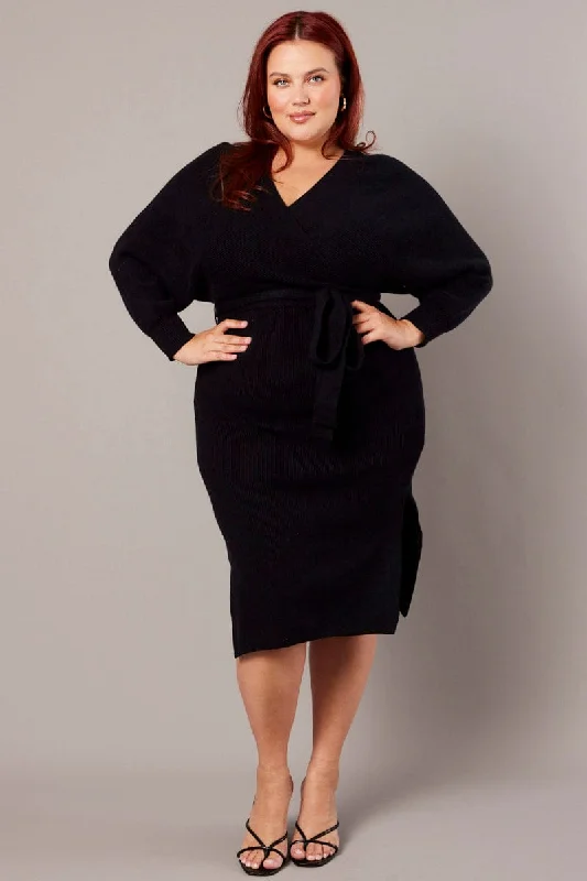 Shop and Save Black Knit Knee Length Dress