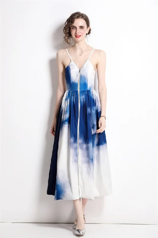 Bargain Prices White & Blue Day A-line Strap Maxi Dress