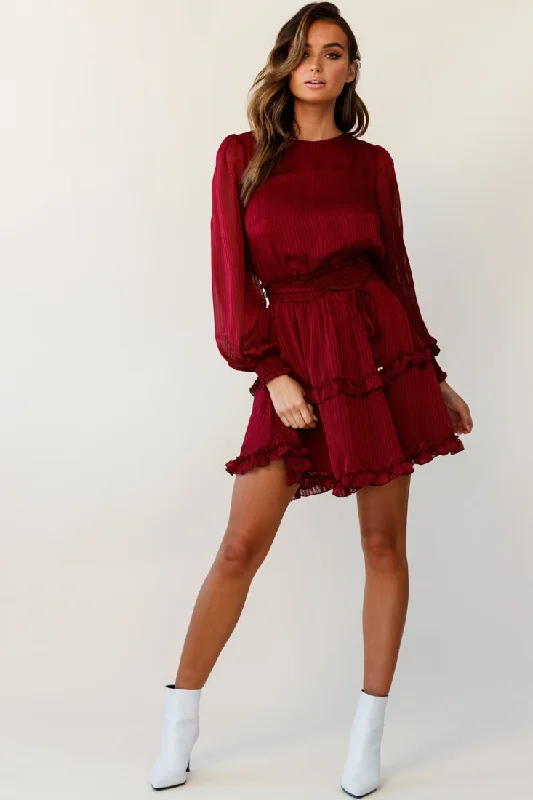 Today's Special Mildred Long Sleeve Shirred Waist Frill Dress Wine