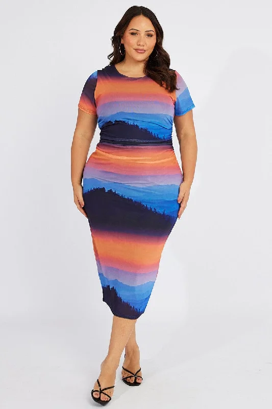 Can't Miss Multi Abstract Bodycon T-shirt Landscape Midi Dress