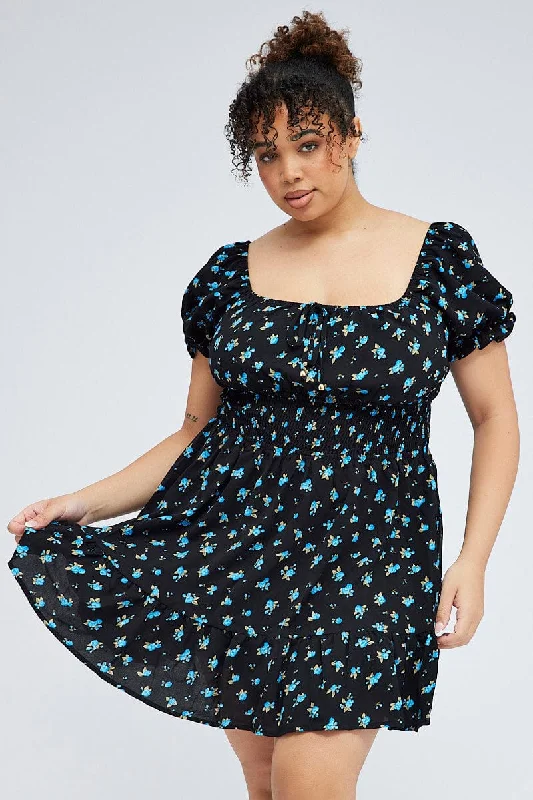 Huge Discounts Black Ditsy Mini Dress Puff Sleeve Gather Detail