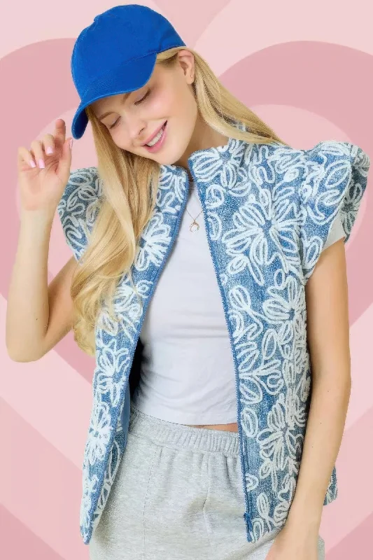 Take Advantage Floral Velvet Embroidered Denim Puffer Vest