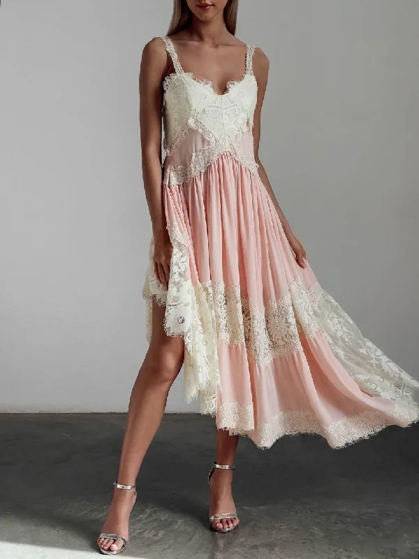 Huge Discounts Lace Detail Pink Asymmetric Dress