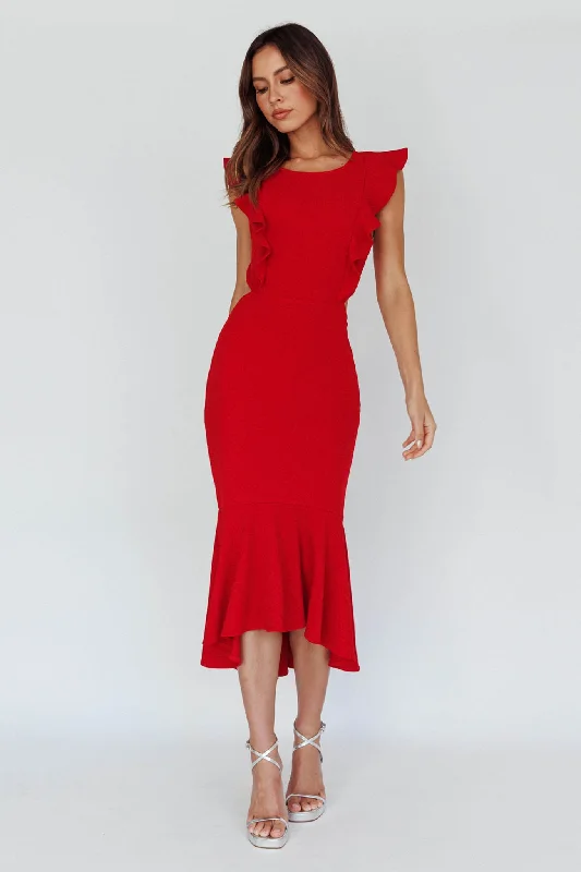 Don’t Miss Out Jackie Wide Ruffle Hem Pinafore Midi Dress Red
