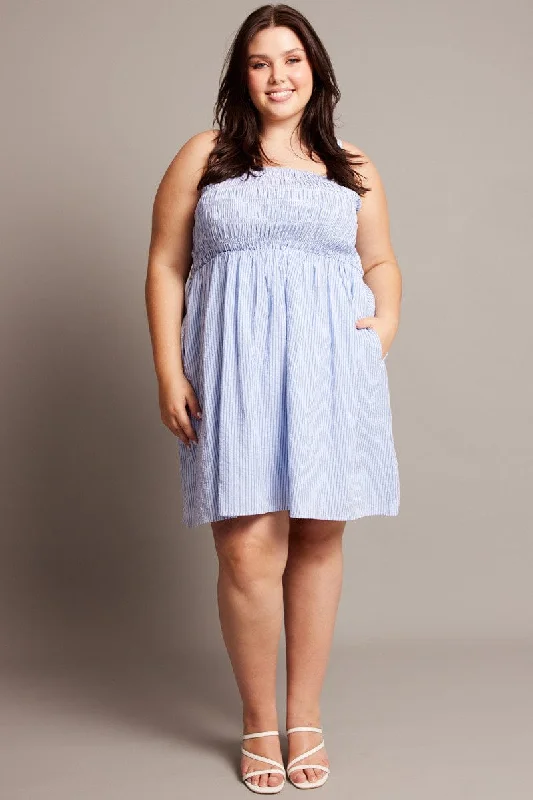 Price Rollback Blue Stripe Shirred Bodice Cotton Poplin Minidress
