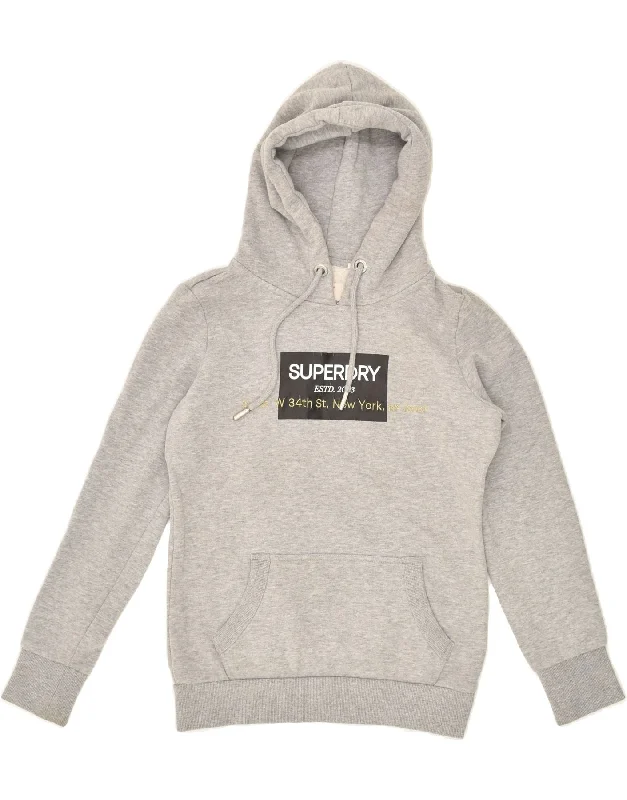 Flash Deals SUPERDRY Womens Graphic Hoodie Jumper UK 8 Small  Grey Flecked Cotton