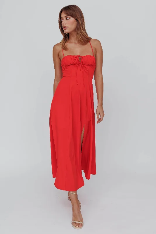 Fantastic Offers Euro Summer Split Hem Midi Dress Red
