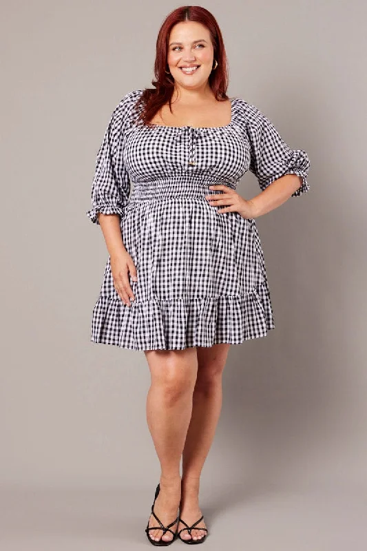 Customer Appreciation Sale Black Check Mini Dress 3/4 Sleeve Shirred Gingham