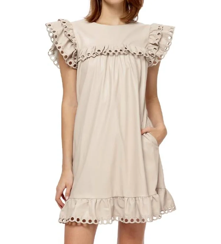 Deal Zone Faux Leather Eyelet Trimmed Shift Dress In Bone