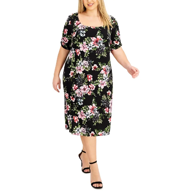 Closeout Plus Womens Floral Scoop Neck Midi Dress