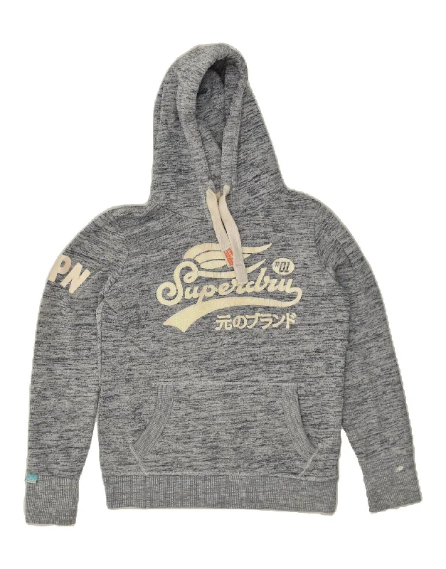 Act Fast SUPERDRY Womens Graphic Hoodie Jumper UK 16 Large Grey Flecked Cotton