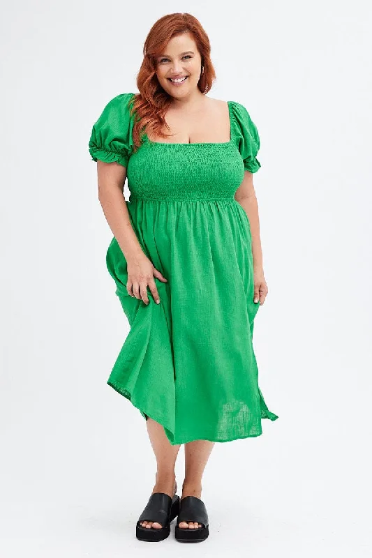While Supplies Last Fern Shirred Short Sleeve Linen Blend Midi Dress