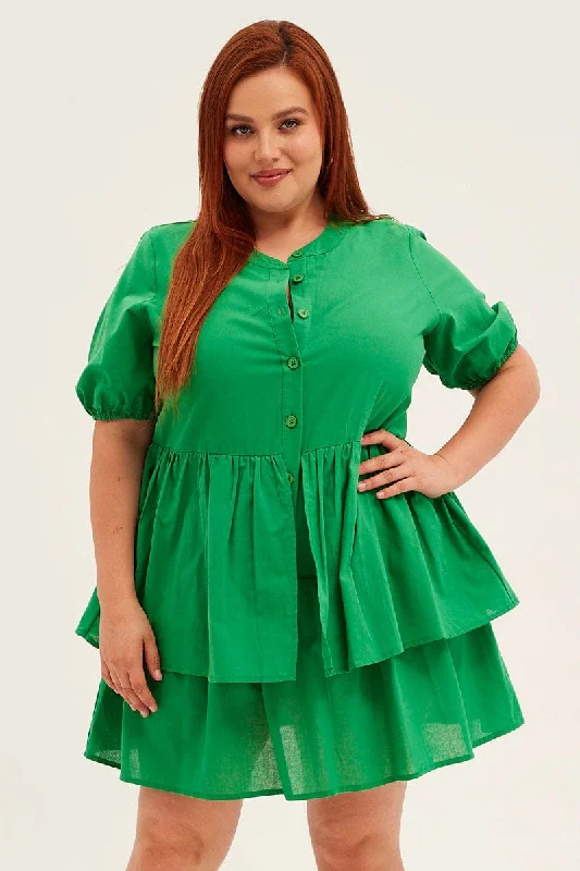 One-DAY Sale Green Mini Shirtdress Frill Layer Cotton Linen Blend