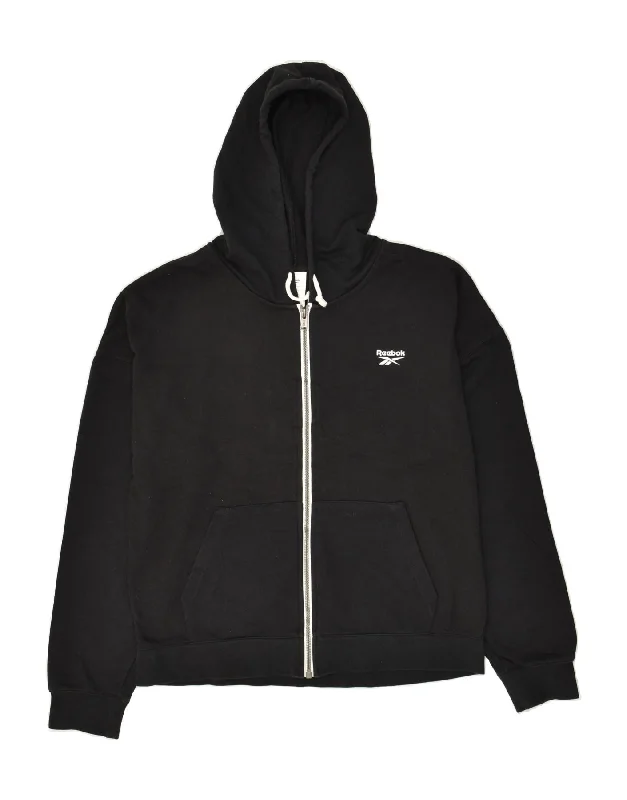 New Deals REEBOK Womens Zip Hoodie Sweater UK 14 Large Black Cotton