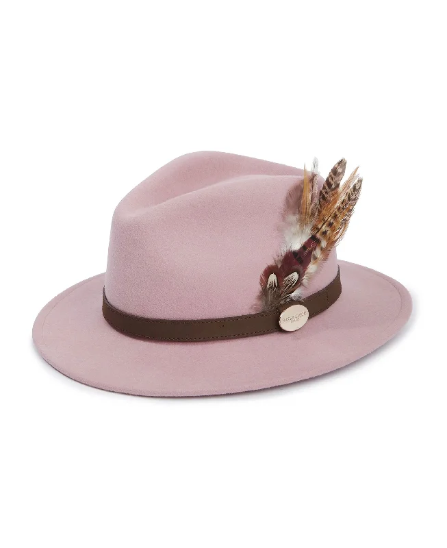 Season Finale Sale Suffolk Fedora Bronze Side Feather - Dusky Pink