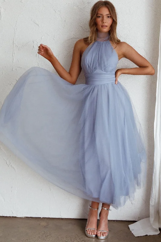 Price Drop Alert Andria Halterneck Tulle Midi Dress Blue