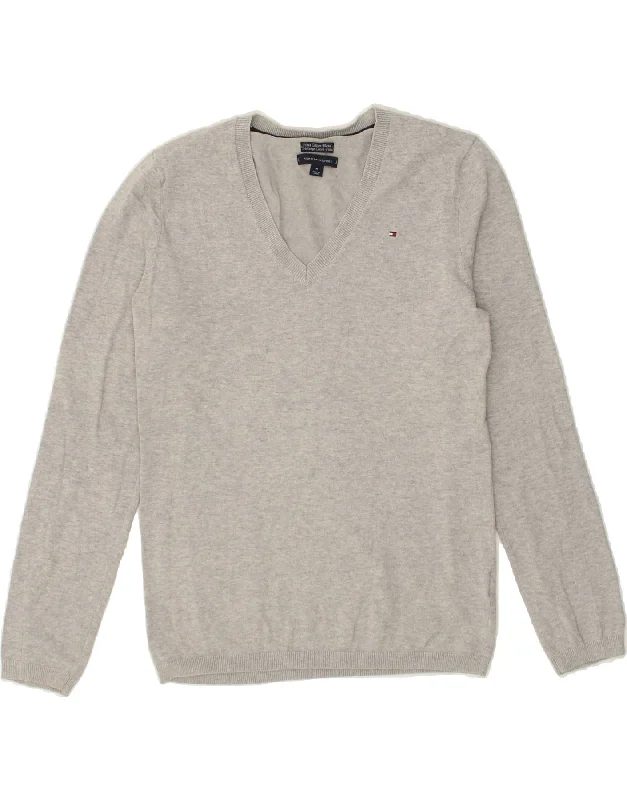 Online Only TOMMY HILFIGER Womens V-Neck Jumper Sweater UK 12 Medium Grey Cotton