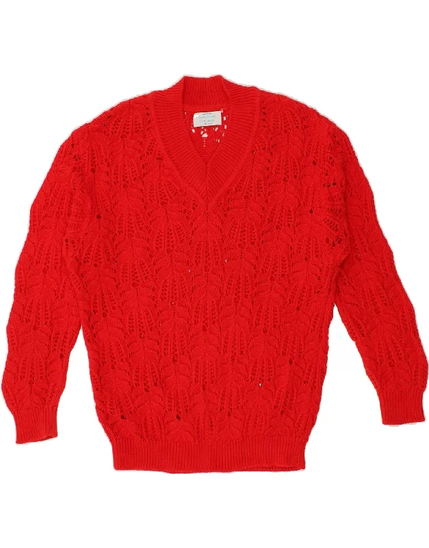 Closeout Sale BENETTON Womens V-Neck Jumper Sweater IT 50 XL Red Floral Cotton