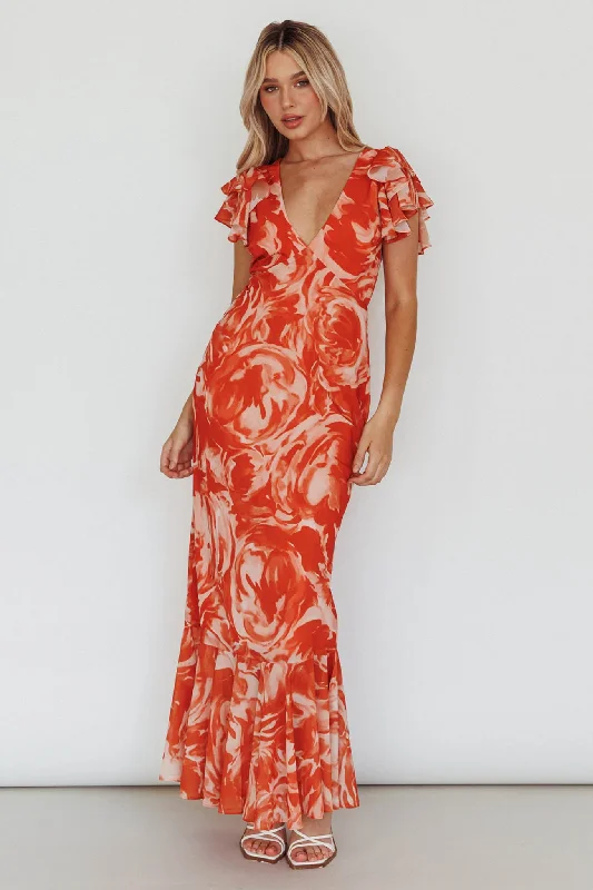 Can't Miss Lydiah Ruffle Sleeve Maxi Dress Floral Orange