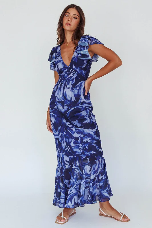 Fantastic Offers Lydiah Ruffle Sleeve Maxi Dress Floral Blue