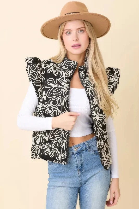Super Deal Floral Velvet Embroidered Denim Puffer Vest