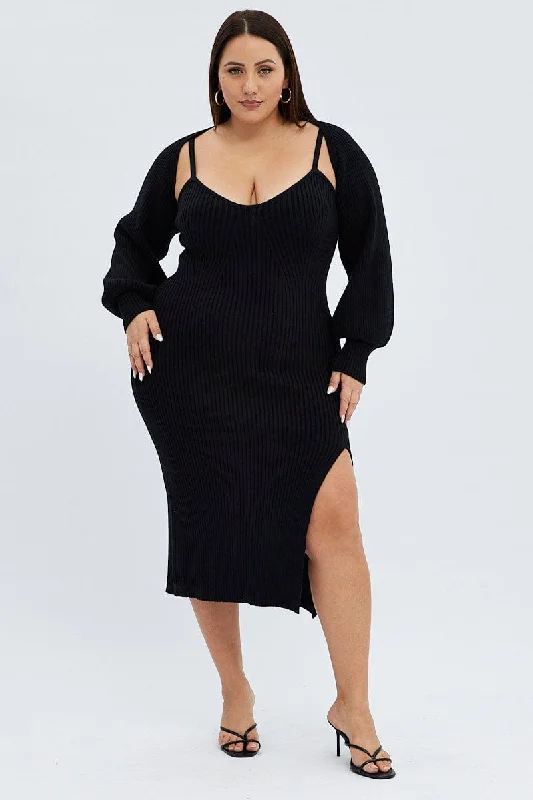 Price Slash Black Knit Dress Midi Shrug