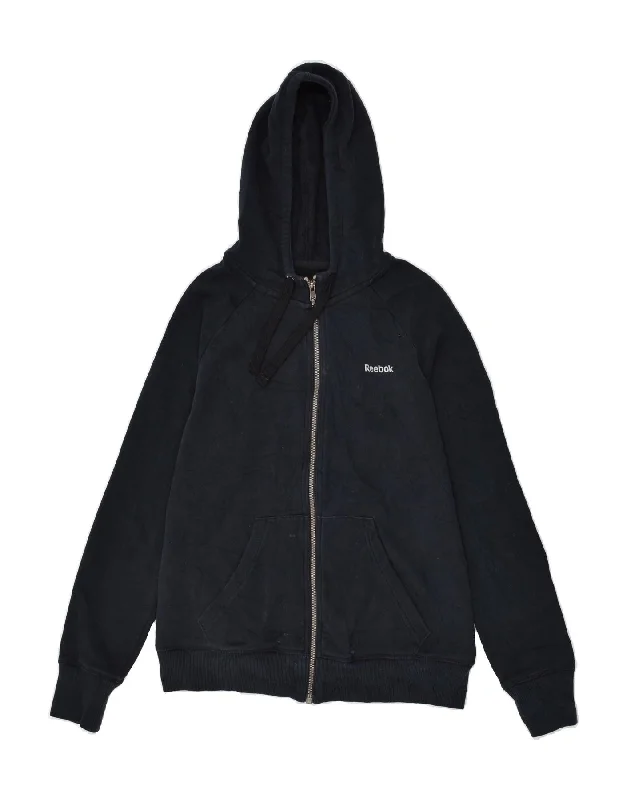 Daily Deals REEBOK Womens Zip Hoodie Sweater UK 12/14 Medium Navy Blue Cotton
