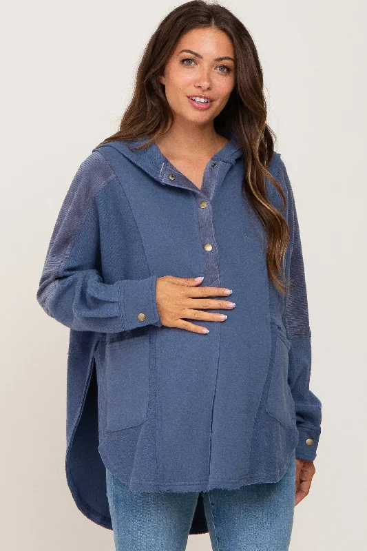 Bonus Savings Blue Soft Mixed Knit Button Front Hooded Maternity Top