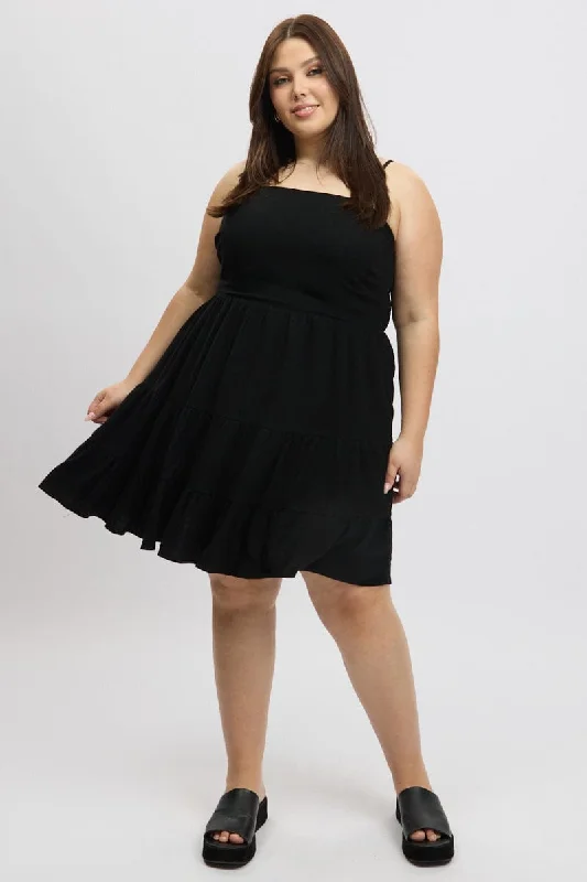 Now or Never Black Shoestring Strap Tiered Linen Blend Dress