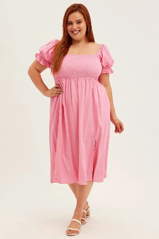 Deal Explosion Pink Shirred Short Sleeve Linen Blend Midi Dress