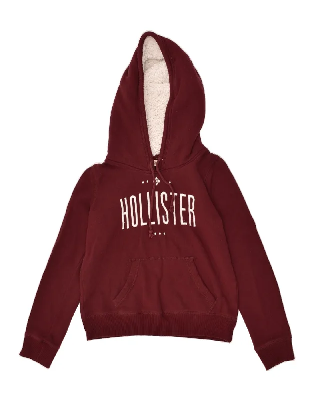Don't Wait HOLLISTER Womens Crop Graphic Hoodie Jumper UK 12 Medium Maroon Cotton