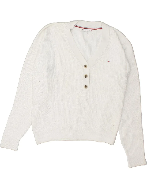 Mega Sale TOMMY HILFIGER Womens Oversized V-Neck Jumper Sweater UK 10 Small White