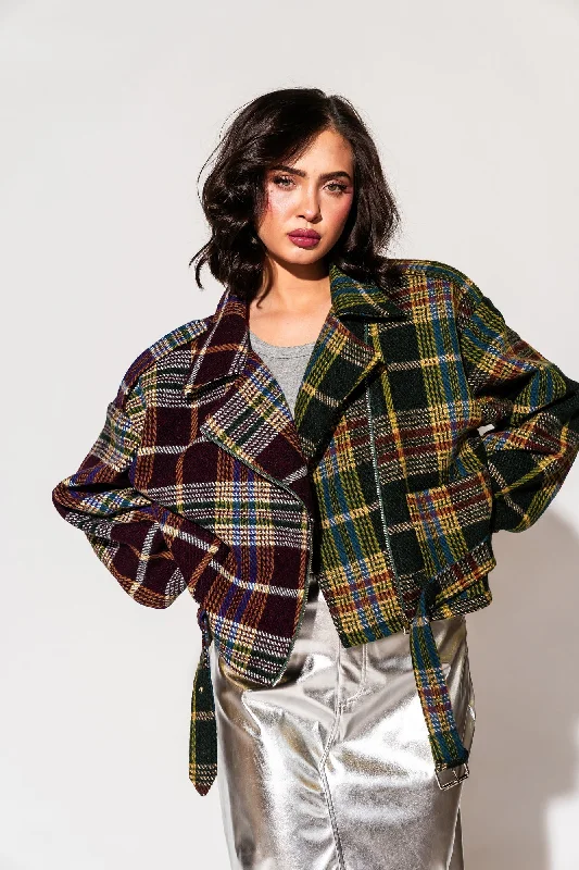 Best Bargains Sagittarius Half + Half Plaid Moto Jacket
